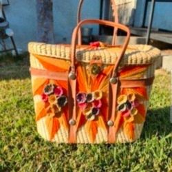 Mid Century Vintage Large Woven Straw Bucket Basket Purse