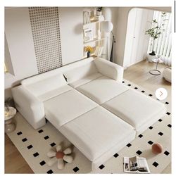 3-in-1 Convertible 93 in. Beige Teddy Fabric King Size Pull-out Sofa Bed with 2 Lumbar Pillows