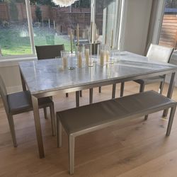 Crate And Barrel Marble Table With Calf Leather Bench And Chairs 
