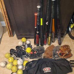 Baseball/Softball Lot/ Baseball Gloves/ Softballs/Baseball Bats/shoes/gloves/Baseball's 