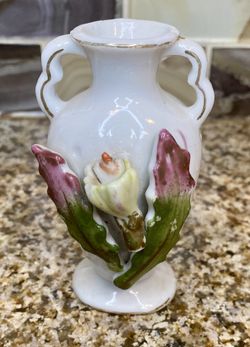 Vintage Small Miniature Vase White Raised Golden Floral 3D Ceramic Japan.