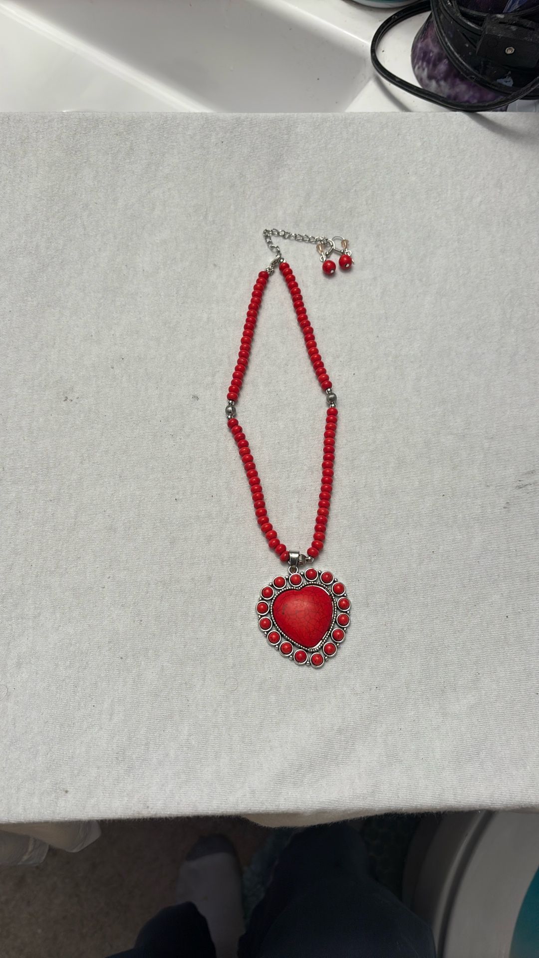Redstone heart pendant necklace with matching earrings