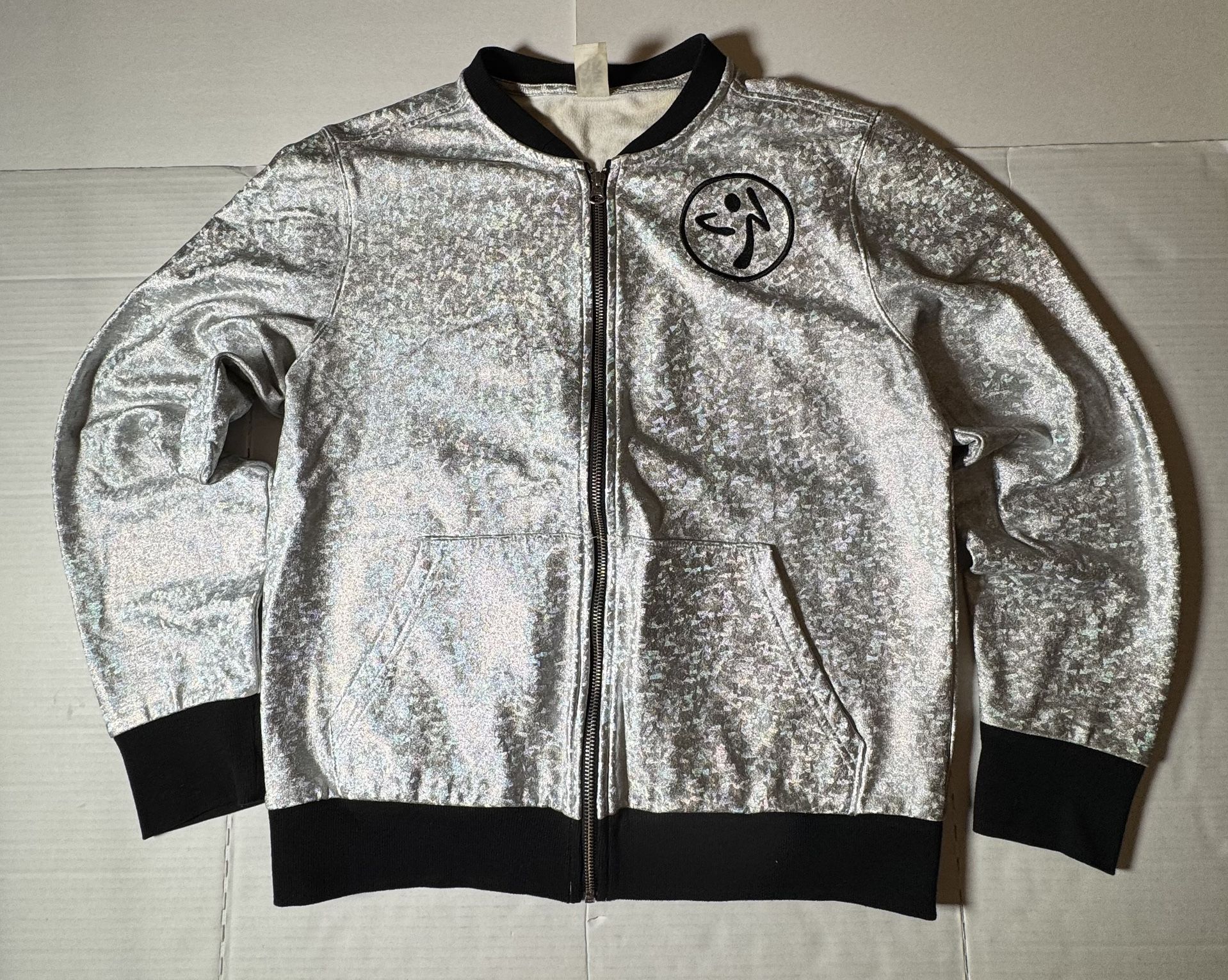 Pre Owned Good Last 4 Photos Zumba Wear Fitness Bomber Jacket Full Zip Glitter Flake Embroidered Silver Iridescent Black Women Size Large
