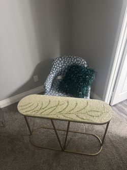 Olive Leaf Table , Blue White Cheetah Print Chair, String Pillow