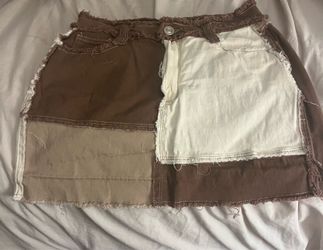 Patchwork Denim Skirt - brown and beige- M