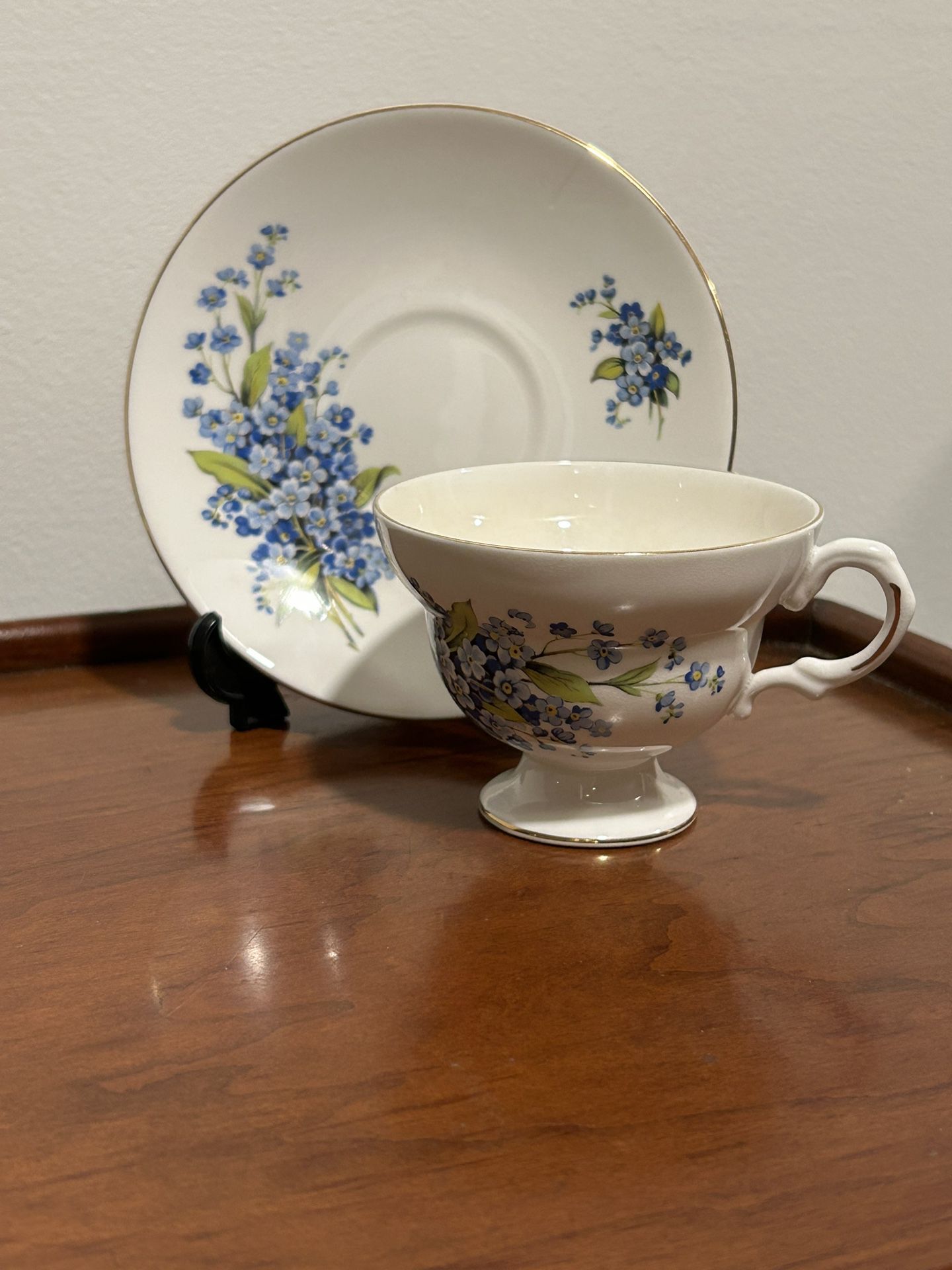 Royal Dover Tea Cup & Saucer Blue Flowers Made In England Bone China Vintage 