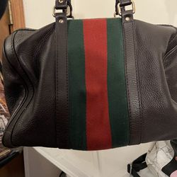 Gucci Medium Brown Web Leather Boston Bag