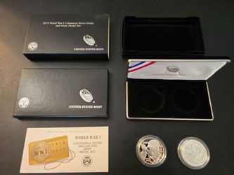 2018 World War 1 Centennial Silver Dollar and Army Medal Set 2 Ounces of Silver