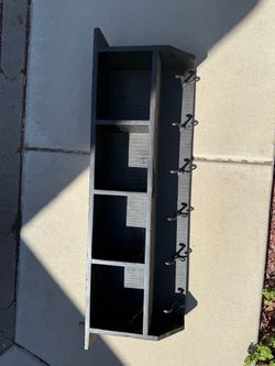 Black Wood Wall Shelf with Hooks