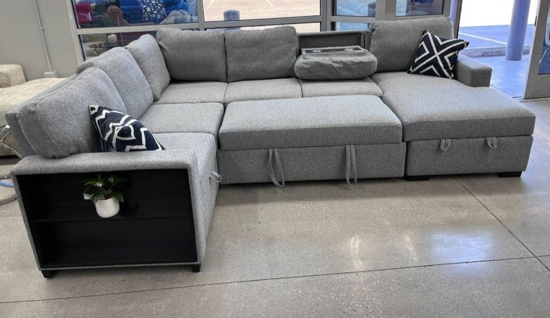 ✅️✅️4 pc Grey boucle fabric sectional sofa with storage chaise and love seat and pop up sleep area in center drop down tray tables✅️✅️✅️