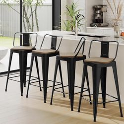 Counter Height Swivel Bar Stools Set of 4 Metal Wood Seat 26” Black