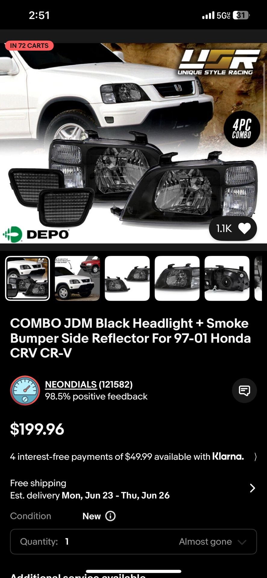 97 01 Honda Crv Black Housing Headlights