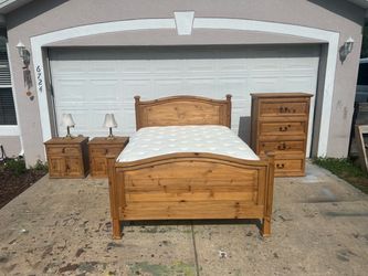 Rustic Pine Wood Bedroom Set with Mattress