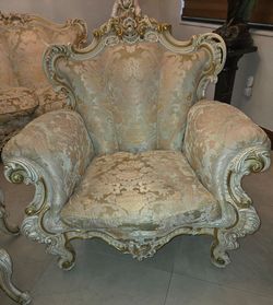 Baroque Style Carved Living Room Set with Damask Upholstery