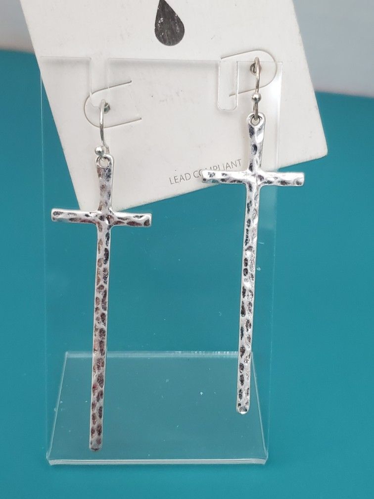 Silver Tone Hammered Metal Long Cross Pierced Earrings