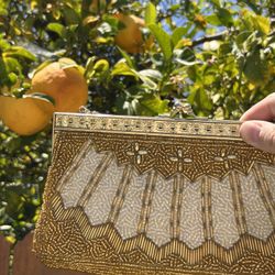 Vintage Beaded Evening Clutch – Gold & Pearl Art Deco Purse with Chain