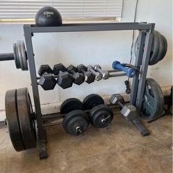 Weight Rack, Plates And Dumbbells