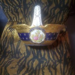 Limoge Colbalt Blue Basket  22kt Gold Heavy 
