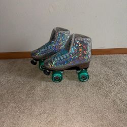 Holographic Glitter Roller Skates with Teal Wheels
