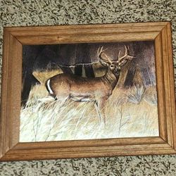 VINTAGE WOODEN FRAMED DEER RIVER BOTTOM BUCK FOREST FOIL PRINT ACCENT WALL DECOR PICTURE ART HUNTING NATURE MAN CAVE