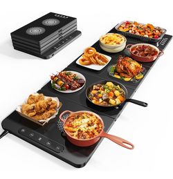 Expandable Electric Warming Tray, 44'' Food Warmer for Party, Black 5-Panel Food Warming Tray, 6 Heat Levels, 1-6H Timer, Child Lock, Detachable Desig