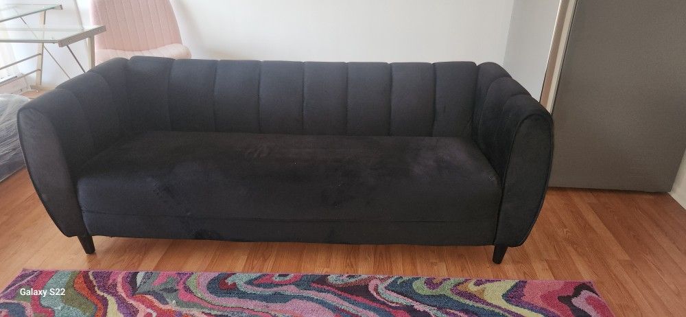 Black Modern Velvet 3 Seater Sofa Couch with Channel Stitching, Birch Wood Legs, and Tonal Piping