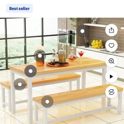 Space Saving Farmhouse Dining Table With Two Benches