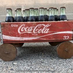 Vintage Coke Crates And Wood Wagon With Coca Cola bottles