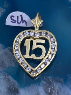 $480 Yellow Gold w Zirconia 15 Quinceañera Heart Charm Pendant