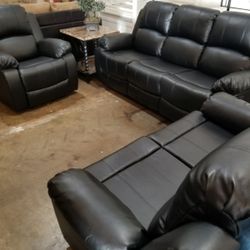 3PC Black Leather Reclining Sofa Set 