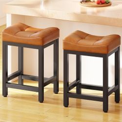 Counter Height Saddle Bar Stools Set of 2, 24 Inch Backless Faux Leather Barstools