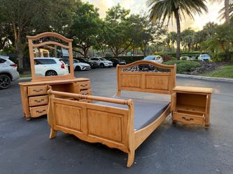 Rustic Pine Bedroom Set - Bed Frame, Dresser with Mirror, and Nightstand