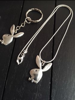(16”, 18”, 20” or 22”) 925 Sterling Silver Necklace with Antique Silver Playboy Bunny Pendant/ Keychain Combo Set