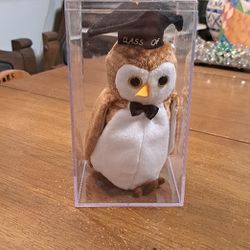 Vintage TY Beanie Babie Class Of 00 Owl "Wisest" For Graduation, Brown In Display Case 7" Tall 