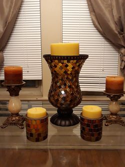 14 Piece Matching Earth Tone Set. 4 Mosaic Candle Holders, 2 Pillar Candle Holders, 2 Wall Art Canvases 20"L & 8"W & 6 Curtains W/ Gold Rods $65