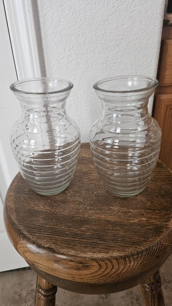 2 RIBBED CLEAR VASES