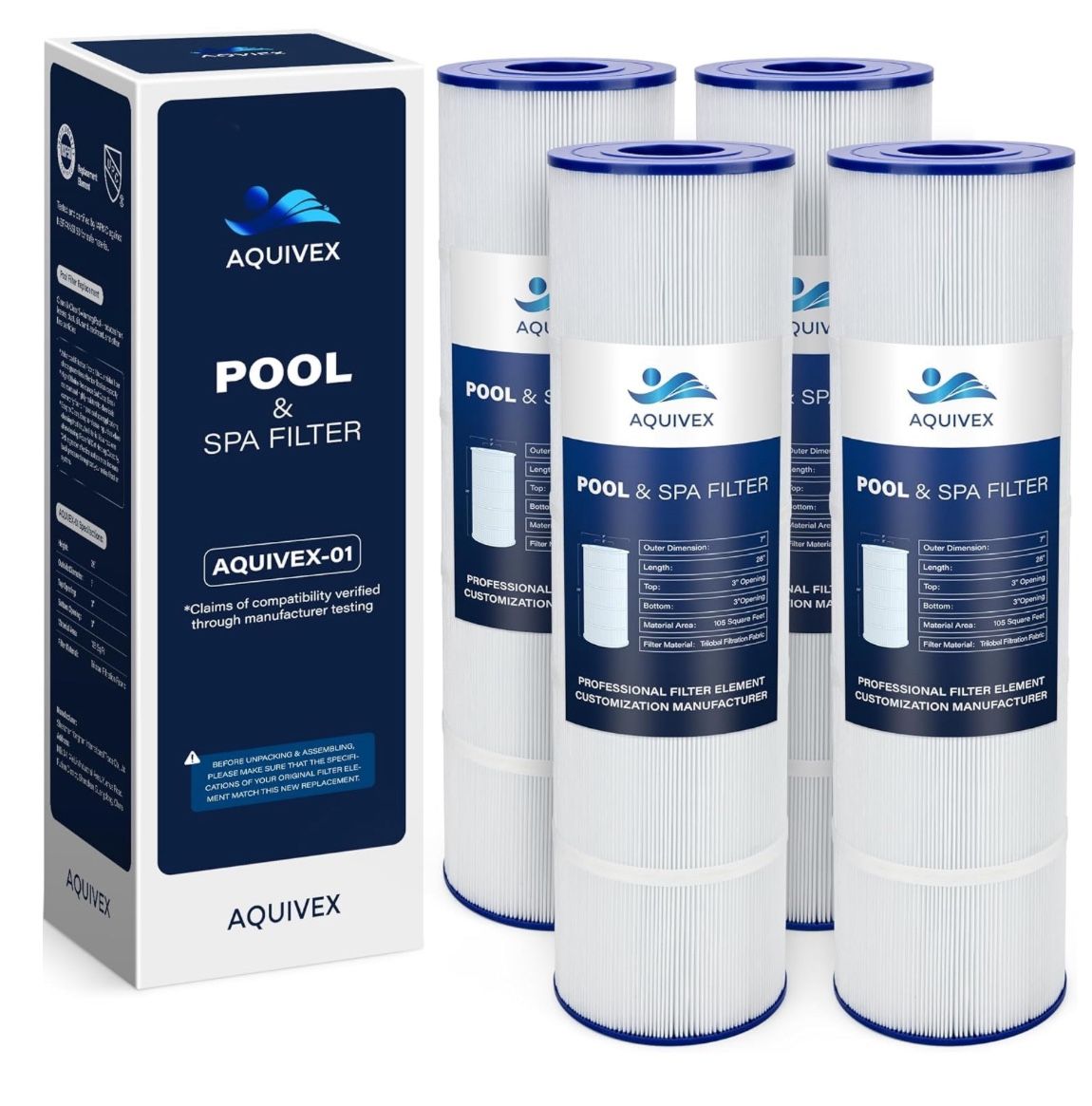 $75 4-PACK! New! Aquivex Pool filters 26” X 7”