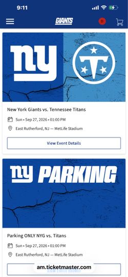 Two NY Giants tix vs Titans section   226  row18. Totally covered