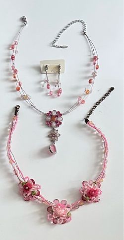 Lovely Pink Floral Beaded Necklace Sets - Great for Events / Prom signed VCLM
