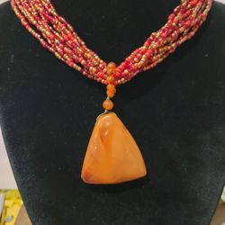 Woman's Multistrand Red And Gold Seed Beaded 18" Necklace Orange Agate Triangle Shape Pendant F9