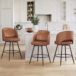 26’’H Faux Leather Swivel Bar Stools, Brown (Set of 3)