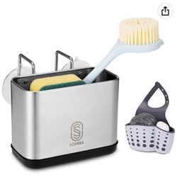 Sponge Holder for Kitchen Sink Caddy with Adjustable Soap Holder - Comes with Stainless Steel Hook & 2 Suction Cups for secure fit - Kitchen Sink Orga