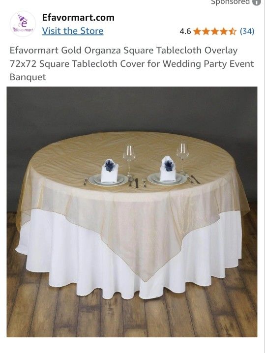 Gold Organza Square Tablecloth Overlay 72x72 Square Tablecloth Cover