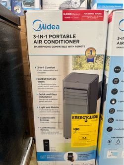 Midea 6,000 BTU Portable Air Conditioner with Wi-Fi, 2-Speed, 250 Sq Ft Coverage, Gray