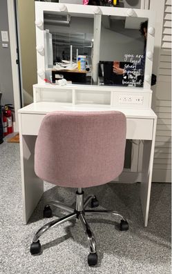 White Vanity with Lights, Charging Port & Pink Chair
