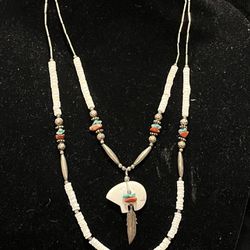 Navajo  Coral Bear Turquoise  Silver Strand Necklace  