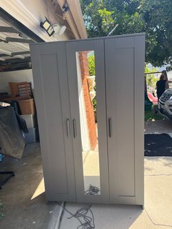 Gray 3-Door Wardrobe with Center Mirror