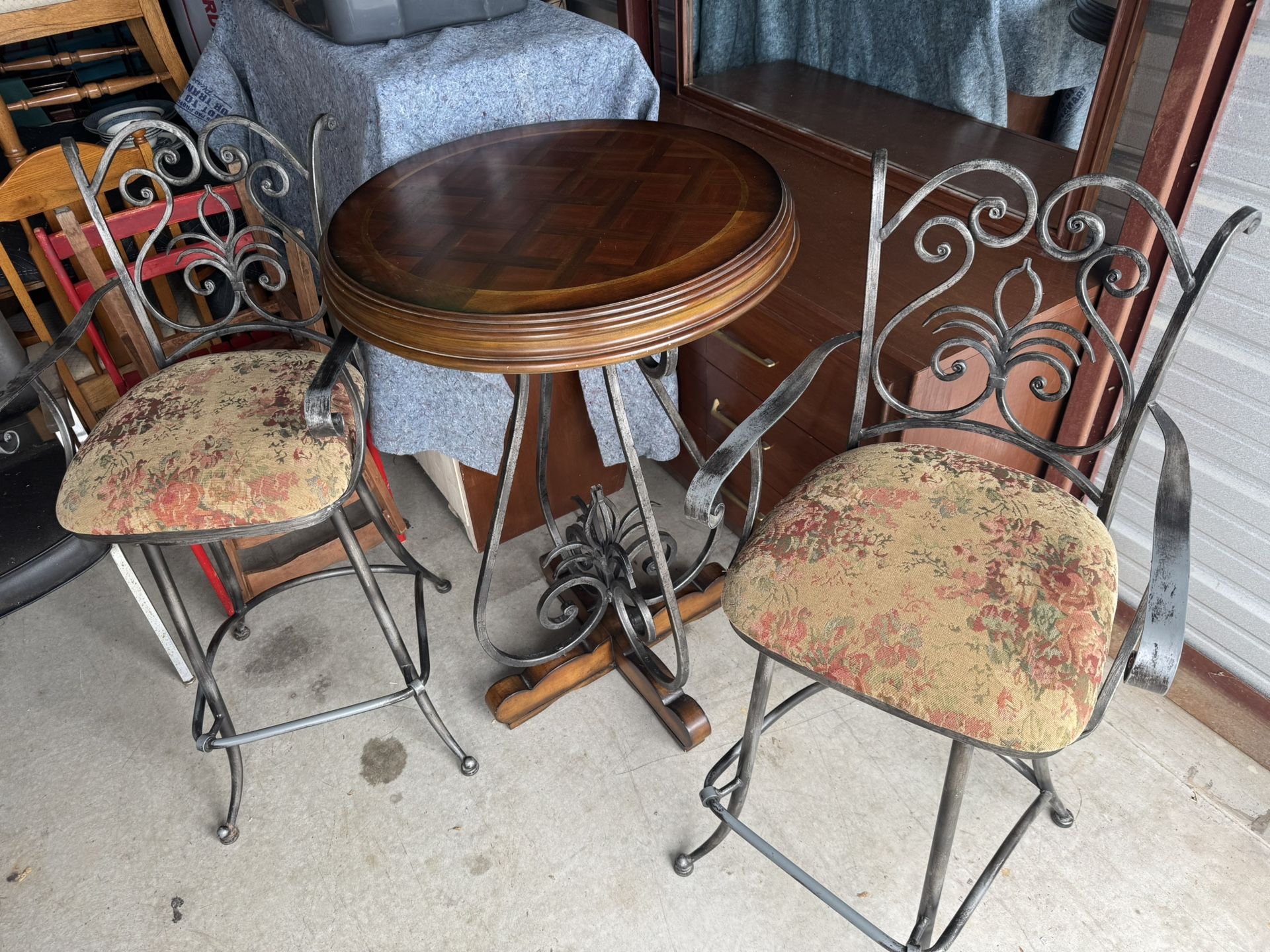 Table and Bar Stools, 2000s Tall Wood and Metal