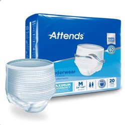 Attends Unisex Adult Incontinence Pull Up Underwear Diapers Heavy Size Medium 34”-44" Waist- 20 Ct, Buy 5 And Get One Free!