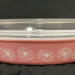 Pyrex JAJ Pink Daisy Gaiety Divided Dish With American Lid 